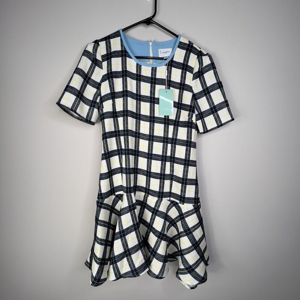 Jovonna London White Blue Yellow Plaid Drop Waist Flounce Mini Dress 6 Fairycore